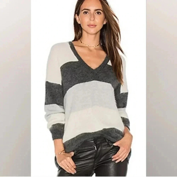 Vince Sweaters - Vince Striped Mohair Blend V- Neck Sweater in Carbon/White/Steel Size xs